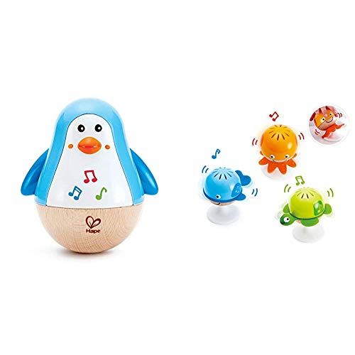  Hape Put-Stay Rattle Set & Penguin Musical Wobbler Colorful Wobbling Melody Penguin, Roly Poly Toy for Kids 6 Months+, Multicolor, 5 x 2 (E0331)