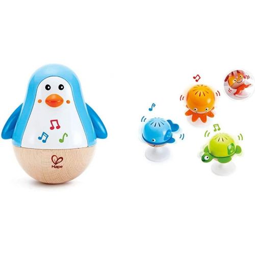  Hape Put-Stay Rattle Set & Penguin Musical Wobbler Colorful Wobbling Melody Penguin, Roly Poly Toy for Kids 6 Months+, Multicolor, 5 x 2 (E0331)