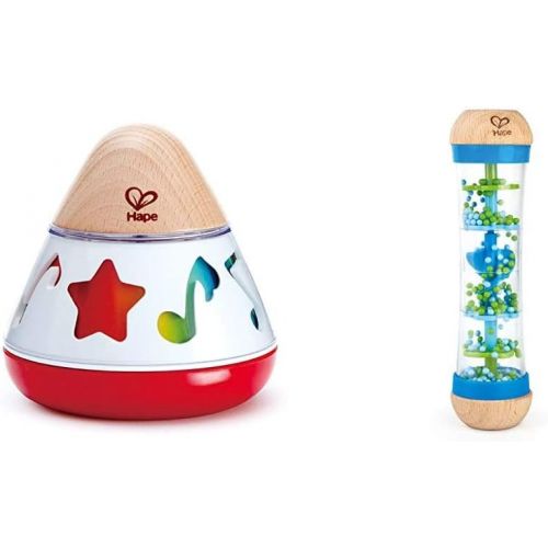  Hape E0332 Rotating Baby Music Box, Spin & Play The Music, Battery Not Needed, 40 x 40 cm, Multicolor & Beaded Raindrops Mini Wooden Musical Shake & Rattle Rainmaker Toy, Blue, Mod