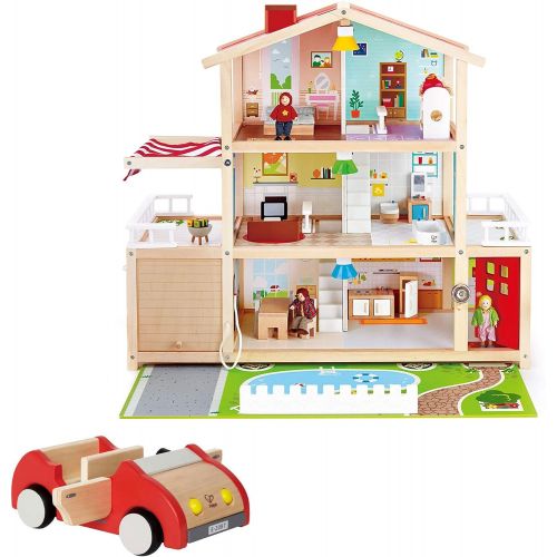  Hape Kids 10 Room Extravagant Wooden Family Play Mansion Doll House Bundle with Wooden Dollhouse Family Play Toy Car Accessory for Ages 3 and Up