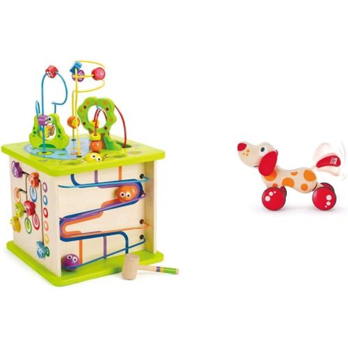  Country Critters Wooden Activity Play Cube by Hape & Walk-A-Long Puppy Wooden Pull Toy by Hape Award Winning Push Pull Toy Puppy for Toddlers Can Sit, Stand and Roll, Red