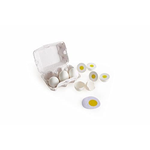  Hape Egg Carton 3 Hard-Boiled Eggs with Easy-Peel Shell & 3 Fried, Wooden Realistic Educational Toy for Children 3+, White and Yellow (E3156)