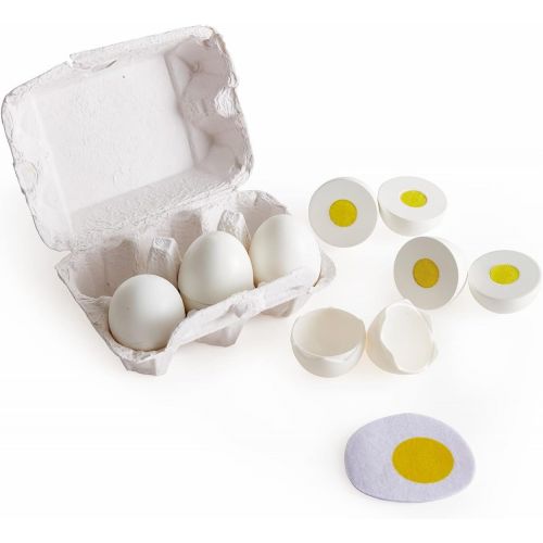  Hape Egg Carton 3 Hard-Boiled Eggs with Easy-Peel Shell & 3 Fried, Wooden Realistic Educational Toy for Children 3+, White and Yellow (E3156)