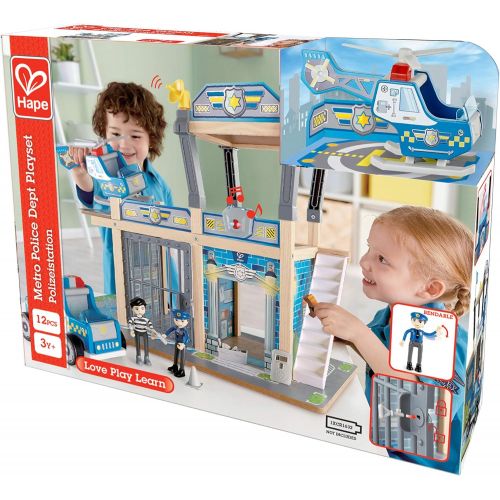  Hape Metro Police Station Play Toy Set with Sounds and Lights 2-Level Wooden Pretend Play Toy with Action Figures and Accessories