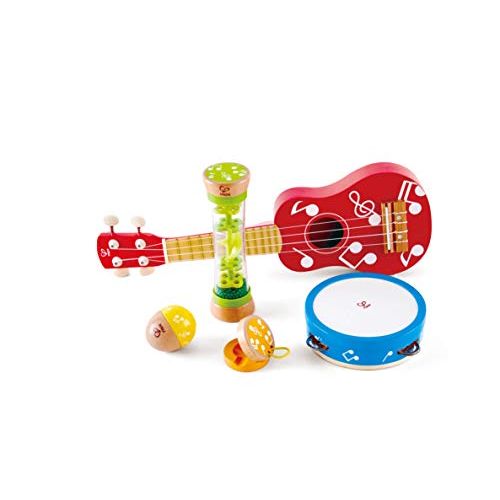 Hape Mini Band Instrument Set | Five Piece Wooden Instrument Music Set for Kids Includes Ukulele, Tambourine, Clapper, Rattle and Rainmaker
