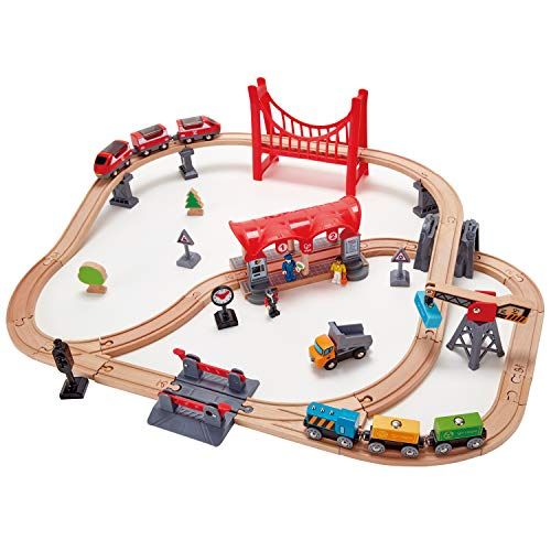  Hape Busy City Train Rail Set | Complete City Themed Wooden Rail Toy Set for Toddlers with Passenger Train, Freight Train, Station, Play Figurines, and More, Multicolor, Model:E373