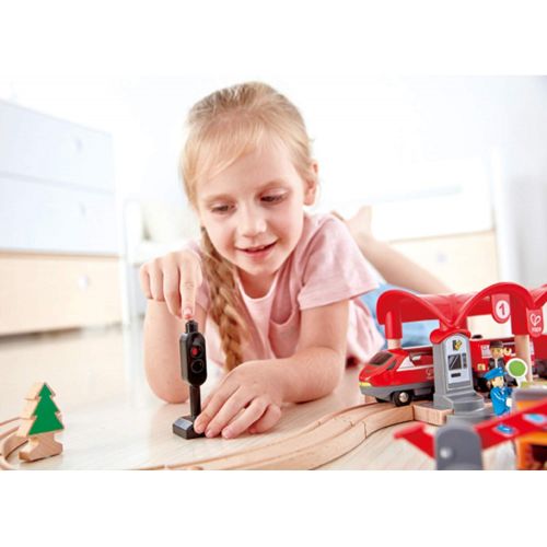  Hape Busy City Train Rail Set | Complete City Themed Wooden Rail Toy Set for Toddlers with Passenger Train, Freight Train, Station, Play Figurines, and More, Multicolor, Model:E373