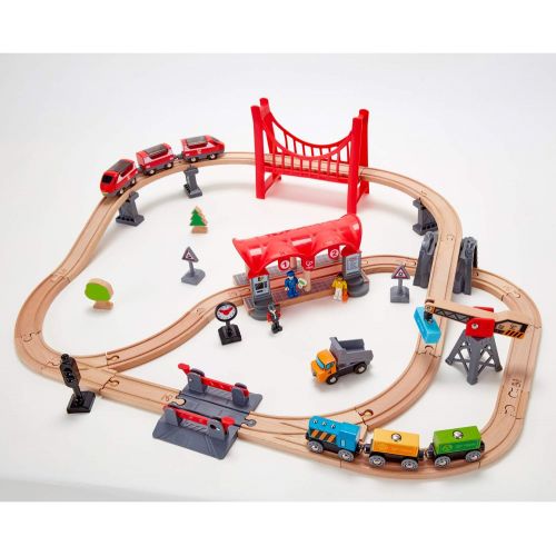  Hape Busy City Train Rail Set | Complete City Themed Wooden Rail Toy Set for Toddlers with Passenger Train, Freight Train, Station, Play Figurines, and More, Multicolor, Model:E373