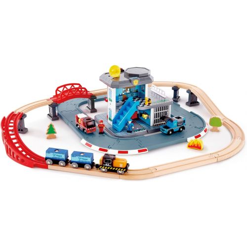  Hape Emergency Services HQ | 2-in-1 Police and Fire Station Complete Play Set with Vehicles and Action Figures