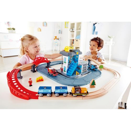  Hape Emergency Services HQ | 2-in-1 Police and Fire Station Complete Play Set with Vehicles and Action Figures