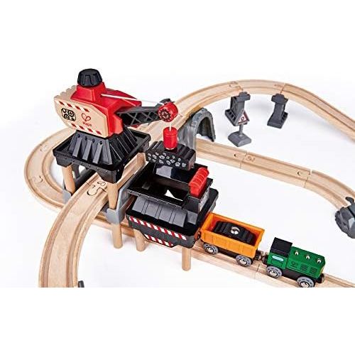  Hape Crane and Cargo Train Set | Wooden Railway Toy Set with Magnetic Crane, Button Operated Loader and Adjustable Rail Signal