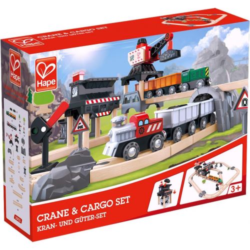  Hape Crane and Cargo Train Set | Wooden Railway Toy Set with Magnetic Crane, Button Operated Loader and Adjustable Rail Signal