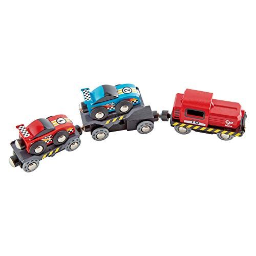  Hape Race Car Transporter | Six-Piece Wooden Toy Train Car Transport Set for Kids