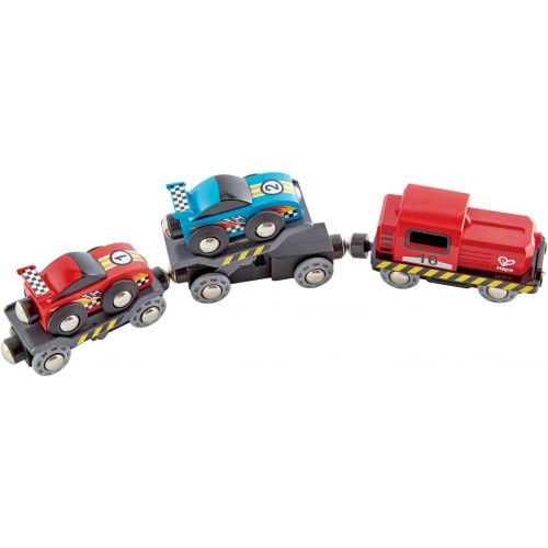  Hape Race Car Transporter | Six-Piece Wooden Toy Train Car Transport Set for Kids