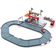 Hape Race Track Station | Wooden Realistic Kids Race Track Toy with Two Race Cars, Carriages & Repair Station, E3734