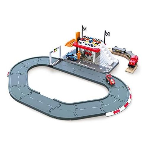  Hape Race Track Station | Wooden Realistic Kids Race Track Toy with Two Race Cars, Carriages & Repair Station, E3734