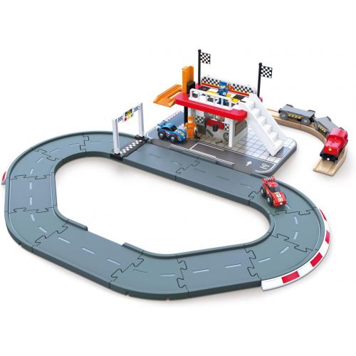  Hape Race Track Station | Wooden Realistic Kids Race Track Toy with Two Race Cars, Carriages & Repair Station, E3734