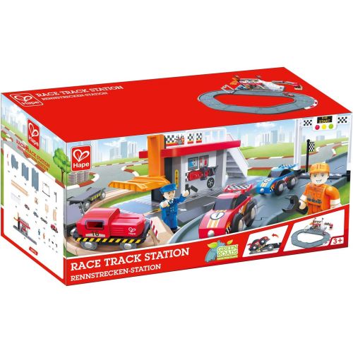  Hape Race Track Station | Wooden Realistic Kids Race Track Toy with Two Race Cars, Carriages & Repair Station, E3734