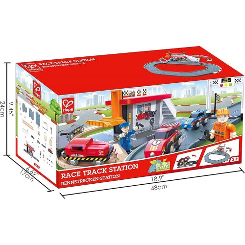  Hape Race Track Station | Wooden Realistic Kids Race Track Toy with Two Race Cars, Carriages & Repair Station, E3734