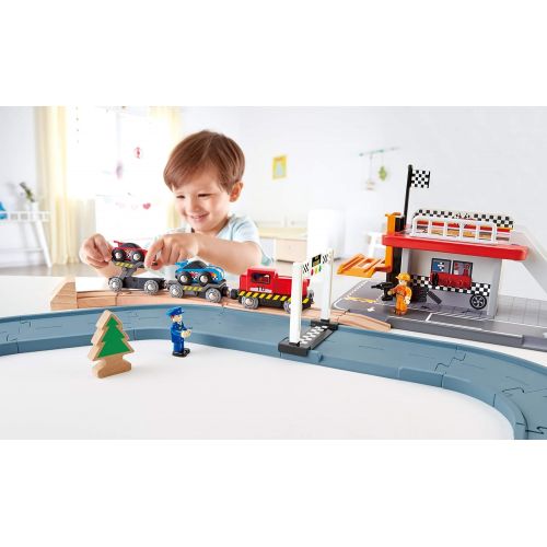  Hape Race Car Transporter | Six-Piece Wooden Toy Train Car Transport Set for Kids