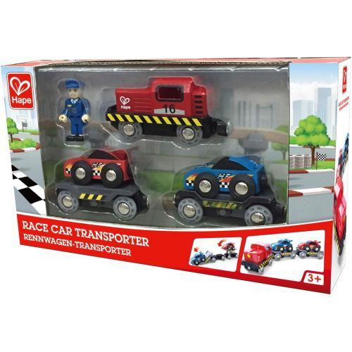  Hape Race Car Transporter | Six-Piece Wooden Toy Train Car Transport Set for Kids