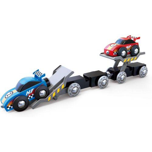  Hape Race Car Transporter | Six-Piece Wooden Toy Train Car Transport Set for Kids