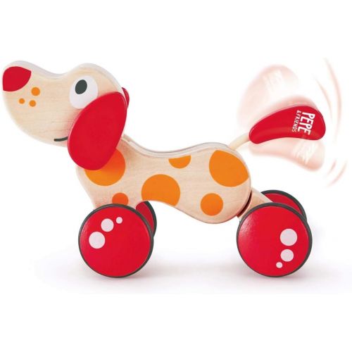  Walk-A-Long Puppy Wooden Pull Toy by Hape | Award Winning Push Pull Toy Puppy For Toddlers Can Sit, Stand and Roll. Rubber Rimmed Wheels for Easy Push and Pull Action, Red