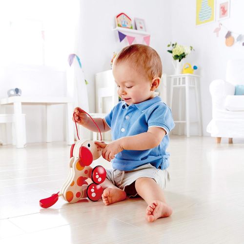  Walk-A-Long Puppy Wooden Pull Toy by Hape | Award Winning Push Pull Toy Puppy For Toddlers Can Sit, Stand and Roll. Rubber Rimmed Wheels for Easy Push and Pull Action, Red