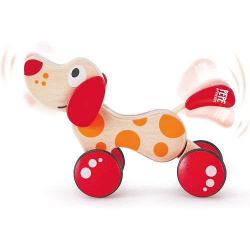  Walk-A-Long Puppy Wooden Pull Toy by Hape | Award Winning Push Pull Toy Puppy For Toddlers Can Sit, Stand and Roll. Rubber Rimmed Wheels for Easy Push and Pull Action, Red