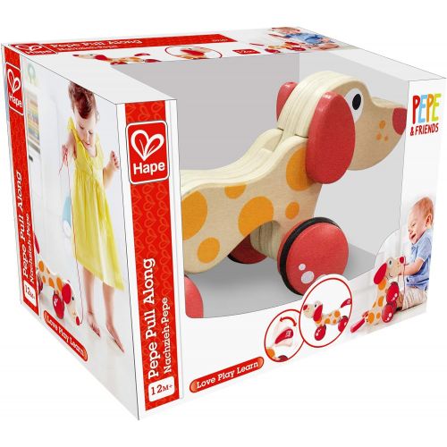  Walk-A-Long Puppy Wooden Pull Toy by Hape | Award Winning Push Pull Toy Puppy For Toddlers Can Sit, Stand and Roll. Rubber Rimmed Wheels for Easy Push and Pull Action, Red