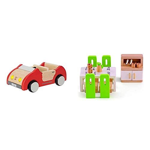  Hape Dollhouse Family Car Wooden Dolls House Car Toy, Push Vehicle Accessory for Complete Doll House Furniture Set & Wooden Doll House Furniture Dining Room Set