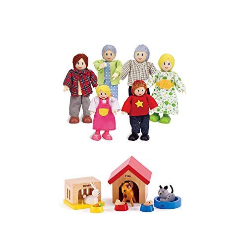  Hape Happy Family Dollhouse with Pet Set Award Winning Doll Family Set, Unique Accessory for Kid’s Wooden Dolls House, Imaginative Play Toy, 6 Family Figures, Adults 4.3 and Kids 3