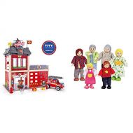 Hape Fire Station Playset & Happy Family Dollhouse Set by Hape Award Winning Doll Family Set, 6 Family Figures, Adults 4.3 and Kids 3.5, Multicolor