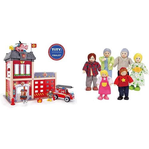  Hape Fire Station Playset & Happy Family Dollhouse Set by Hape Award Winning Doll Family Set, 6 Family Figures, Adults 4.3 and Kids 3.5, Multicolor