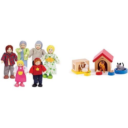 Happy Family Dollhouse Set by Hape Award Winning Doll Family Set, 6 Family Figures & Family Pets Wooden Dollhouse Animal Set by Hape Complete Your Wooden Dolls House