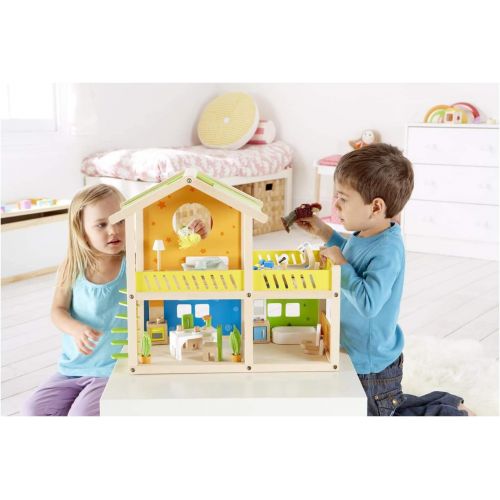  Hape Happy Villa Kids Wooden Doll House Set 2-Story Dolls Villa with Furniture and Accessories for Kids Age 3 Years and up