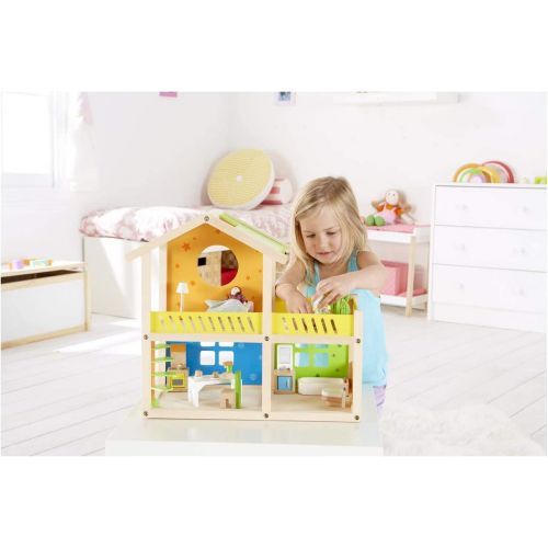  Hape Happy Villa Kids Wooden Doll House Set 2-Story Dolls Villa with Furniture and Accessories for Kids Age 3 Years and up