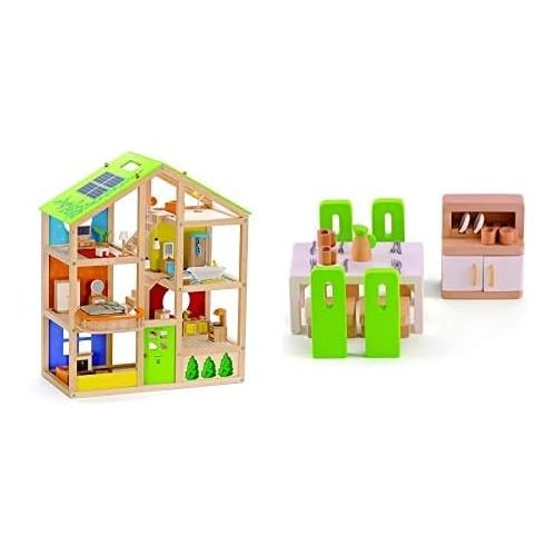  Hape All Seasons Kids Wooden Dollhouse Award Winning 3 Story Dolls House Toy with Furniture, Accessories, Movable Stairs and Reversible Season Theme & Wooden Doll House Furniture D