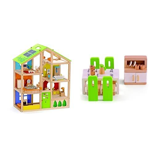  Hape All Seasons Kids Wooden Dollhouse Award Winning 3 Story Dolls House Toy with Furniture, Accessories, Movable Stairs and Reversible Season Theme & Wooden Doll House Furniture D