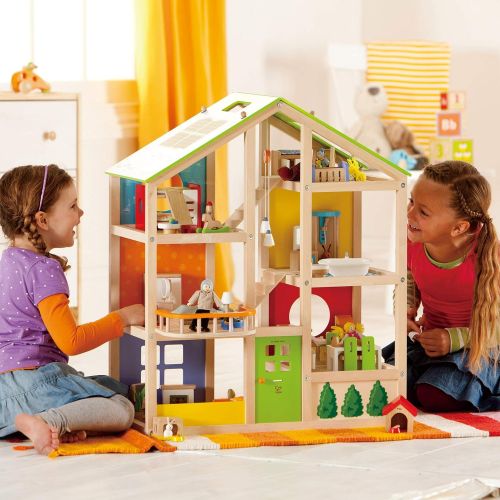  Hape All Seasons Kids Wooden Dollhouse Award Winning 3 Story Dolls House Toy with Furniture, Accessories, Movable Stairs and Reversible Season Theme & Wooden Doll House Furniture D