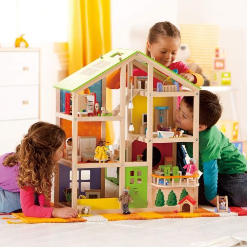  Hape All Seasons Kids Wooden Dollhouse Award Winning 3 Story Dolls House Toy with Furniture, Accessories, Movable Stairs and Reversible Season Theme & Wooden Doll House Furniture D