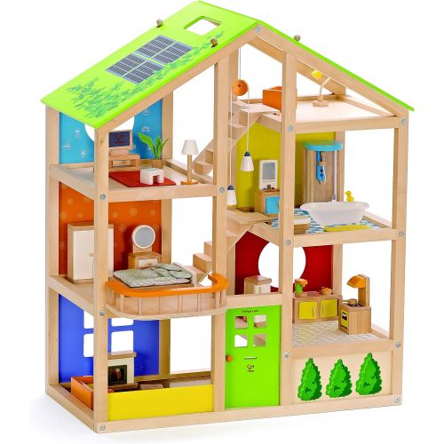  Hape All Seasons Kids Wooden Dollhouse Award Winning 3 Story Dolls House Toy with Furniture, Accessories, Movable Stairs and Reversible Season Theme & Wooden Doll House Furniture D