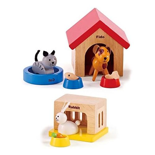  Family Pets Wooden Dollhouse Animal Set by Hape Complete Your Wooden Dolls House with Happy Dog, Cat, Bunny Pet Set with Complimentary Houses and Food Bowls