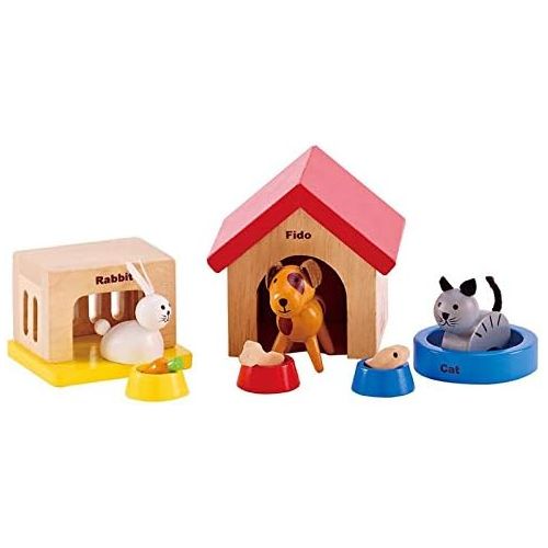  Family Pets Wooden Dollhouse Animal Set by Hape Complete Your Wooden Dolls House with Happy Dog, Cat, Bunny Pet Set with Complimentary Houses and Food Bowls