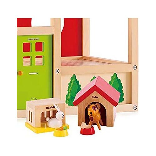  Family Pets Wooden Dollhouse Animal Set by Hape Complete Your Wooden Dolls House with Happy Dog, Cat, Bunny Pet Set with Complimentary Houses and Food Bowls
