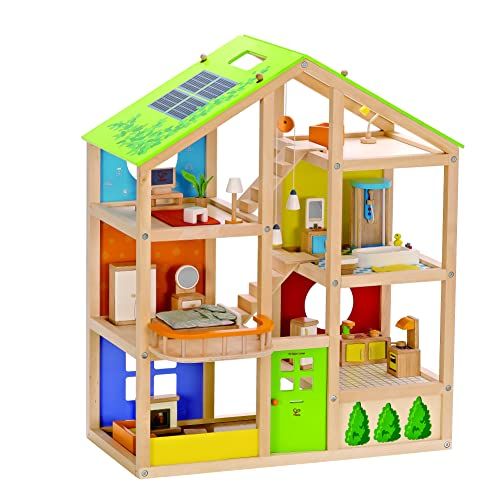  All Seasons Kids Wooden Dollhouse by Hape Award Winning 3 Story Dolls House Toy with Furniture, Accessories, Movable Stairs and Reversible Season Theme L: 23.6, W: 11.8, H: 28.9 in