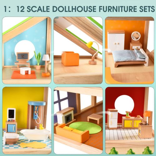  All Seasons Kids Wooden Dollhouse by Hape Award Winning 3 Story Dolls House Toy with Furniture, Accessories, Movable Stairs and Reversible Season Theme L: 23.6, W: 11.8, H: 28.9 in