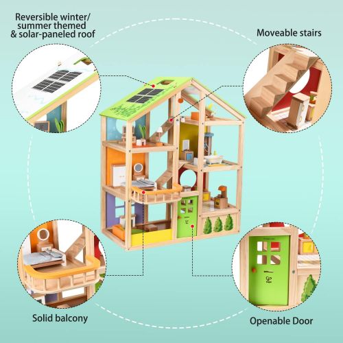  All Seasons Kids Wooden Dollhouse by Hape Award Winning 3 Story Dolls House Toy with Furniture, Accessories, Movable Stairs and Reversible Season Theme L: 23.6, W: 11.8, H: 28.9 in