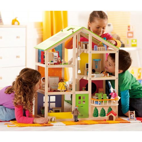  All Seasons Kids Wooden Dollhouse by Hape Award Winning 3 Story Dolls House Toy with Furniture, Accessories, Movable Stairs and Reversible Season Theme L: 23.6, W: 11.8, H: 28.9 in