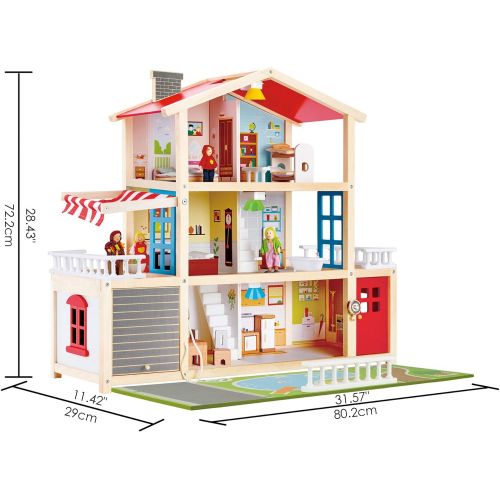  Hape Doll Family Mansion Award Winning 10 Bedroom Doll House, Wooden Play Mansion with Accessories for Ages 3+ Years Multicolor, L: 31.6, W: 11.4, H: 28.4 inch